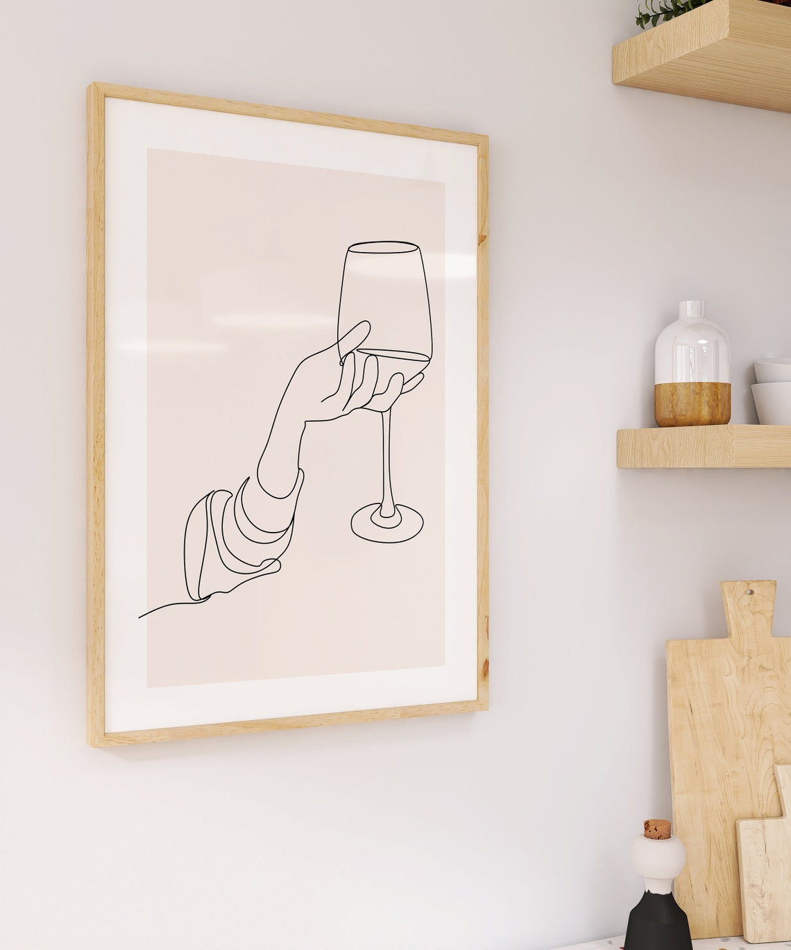 Minimalist Single Line Art Hand Holding Wine Glass Blush Poster - Image 2