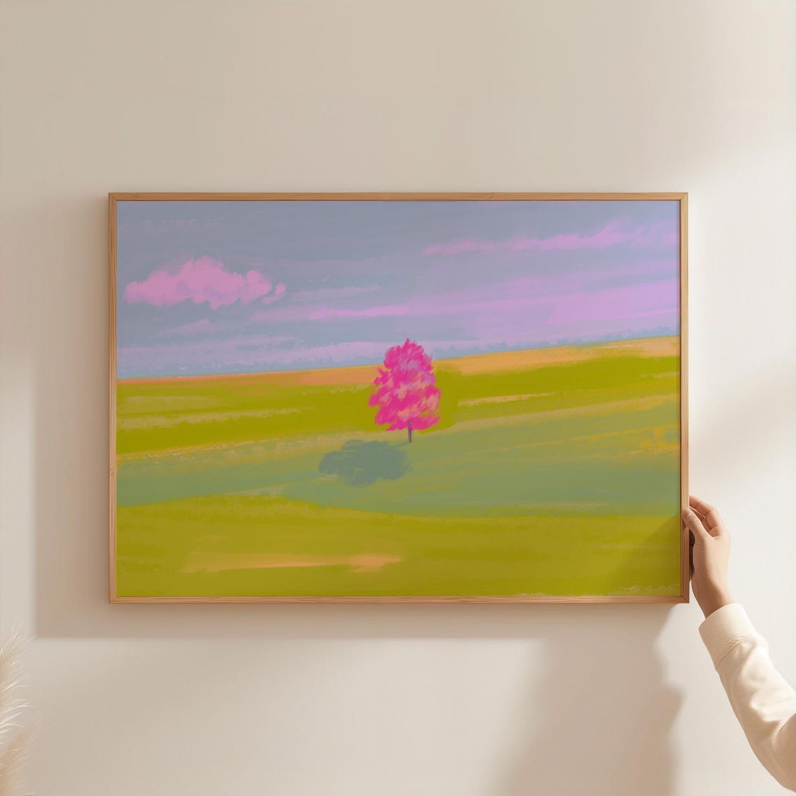 Pink Tree Green Meadow Minimalist Modern Landscape Art Poster