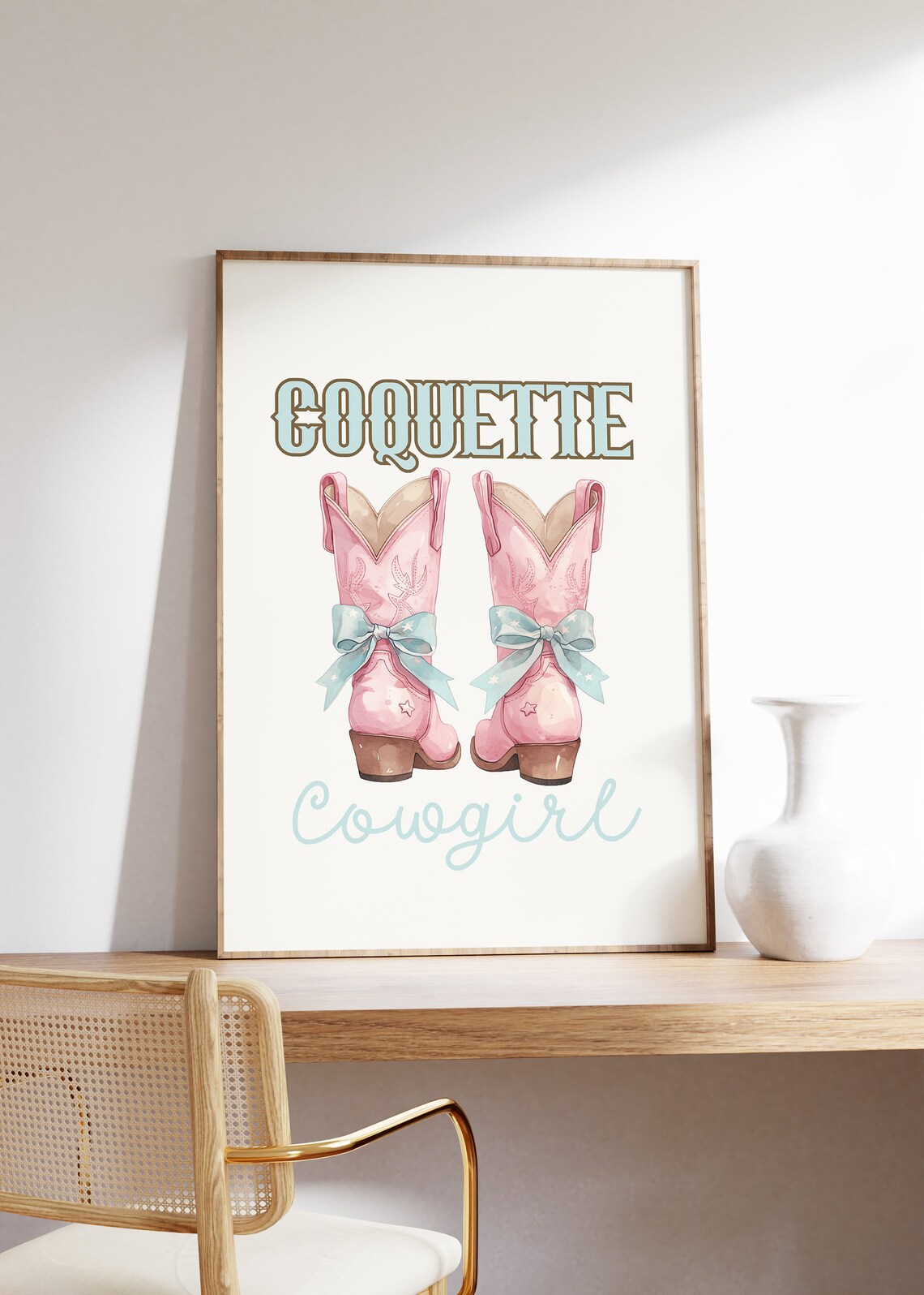Coquette Cowgirl Pink Boots With Teal Bows Western Art Poster - Image 2