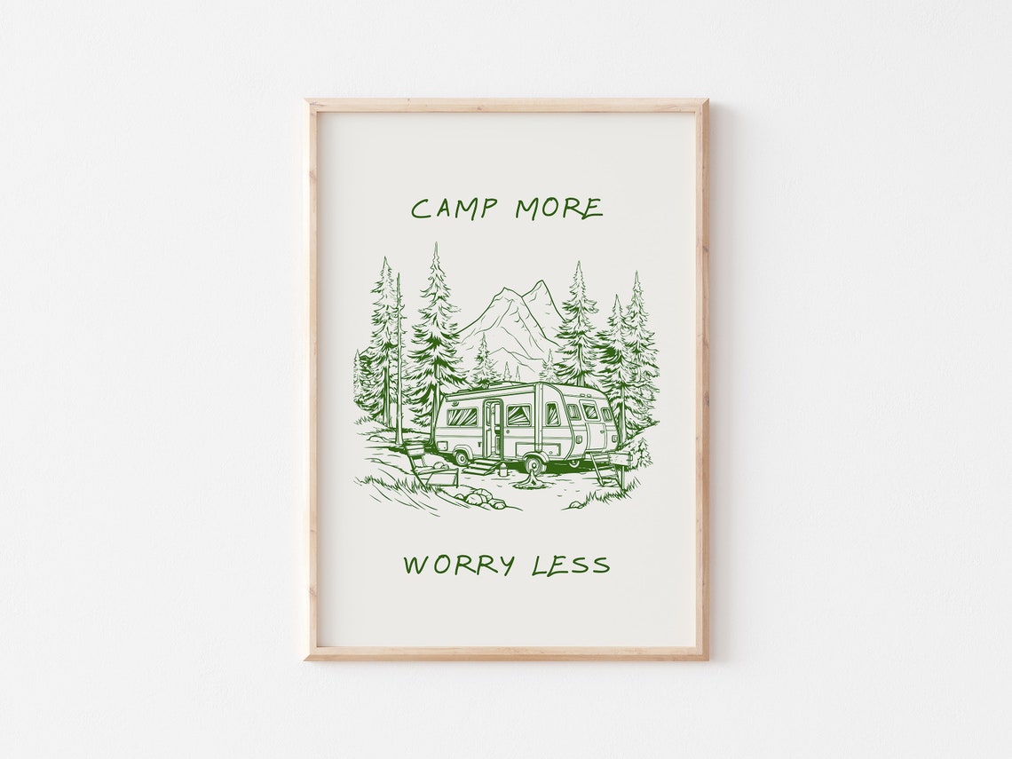 Camp More Worry Less Retro Campervan Mountain Adventure Poster - Image 3