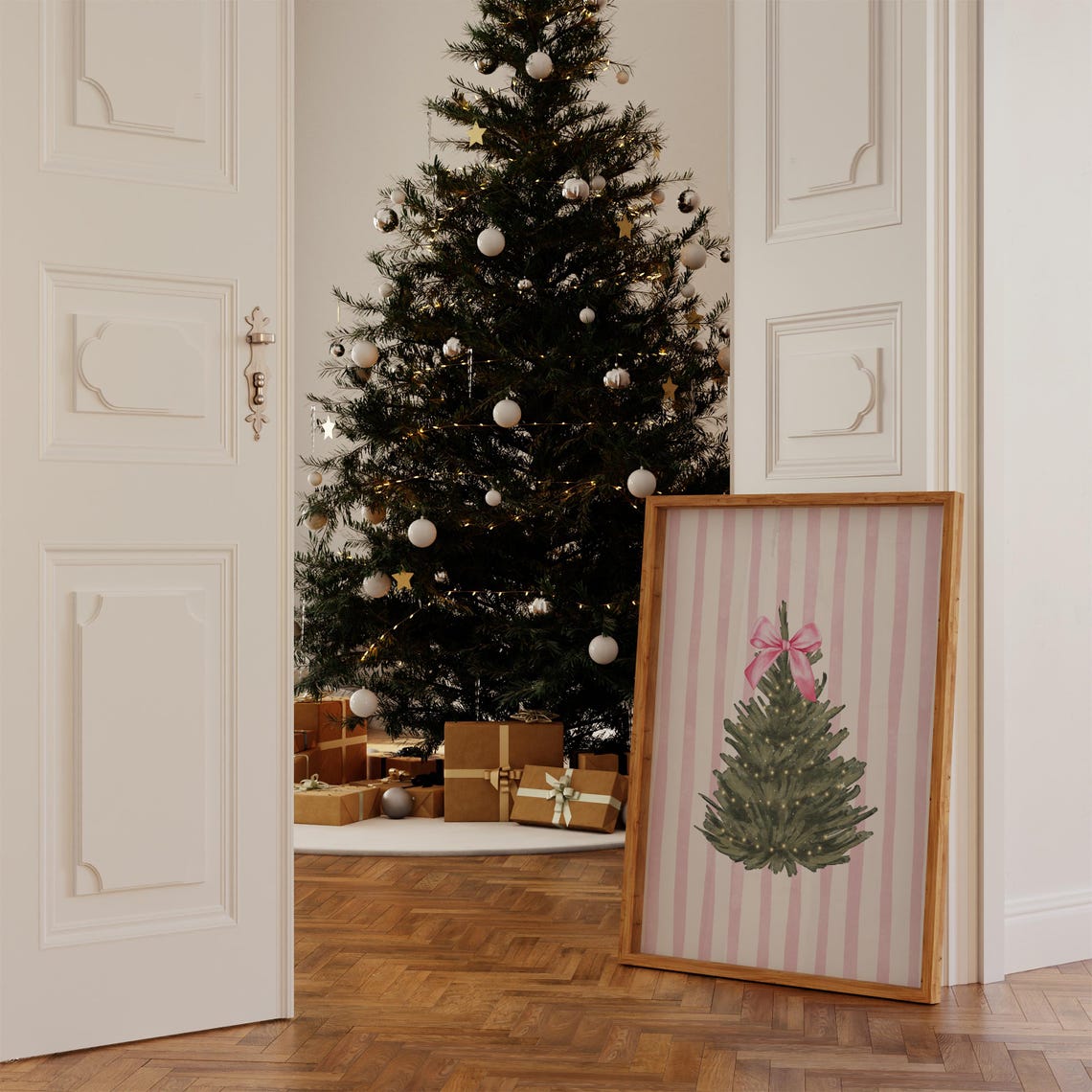 Coquette Pink Bow Christmas Tree Watercolor Striped Holiday Poster - Image 2