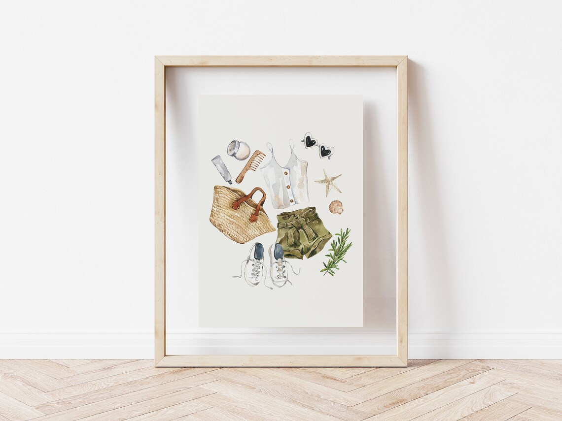 Summer Travel Outfit White Cami Olive Shorts Straw Tote Watercolor Poster - Image 4