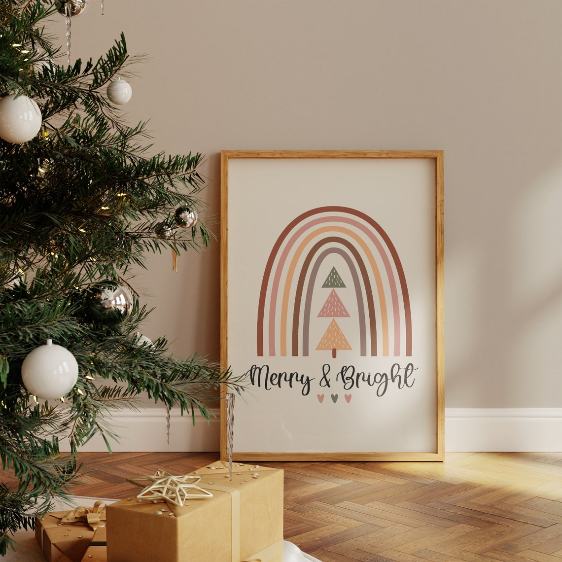 Merry And Bright Boho Rainbow Christmas Tree Minimalist Poster - Image 4