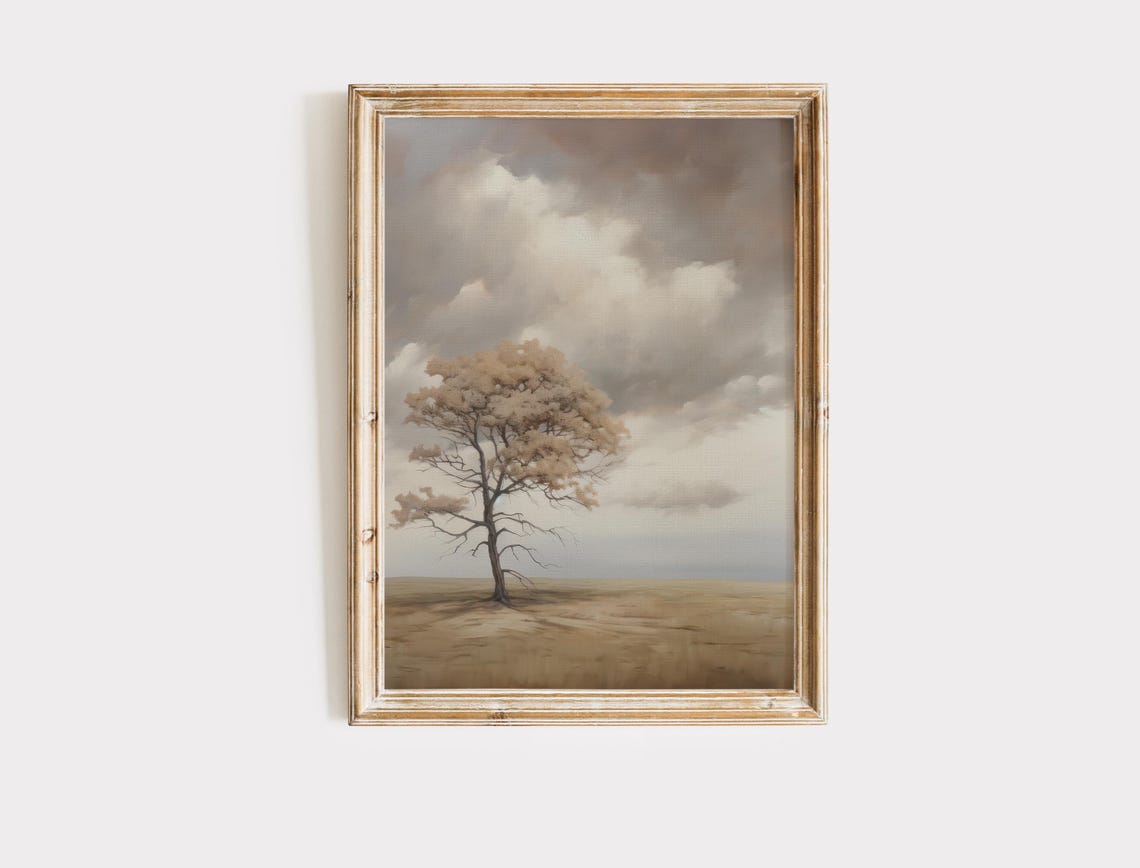 Lone Windswept Tree Standing Under Stormy Sky Landscape Print - Image 4