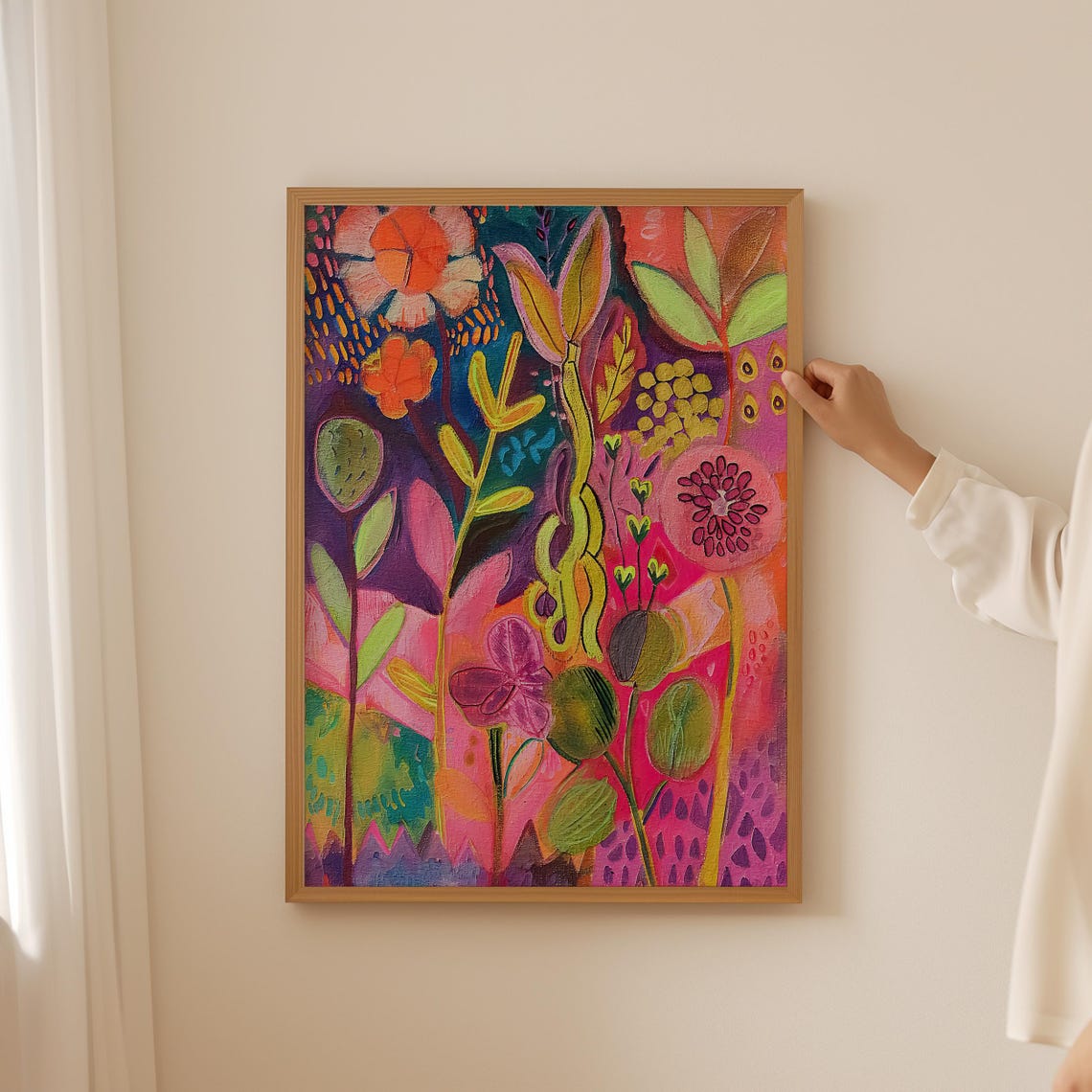Bold Abstract Botanical Garden Painting Poster in Pink and Purple - Image 5