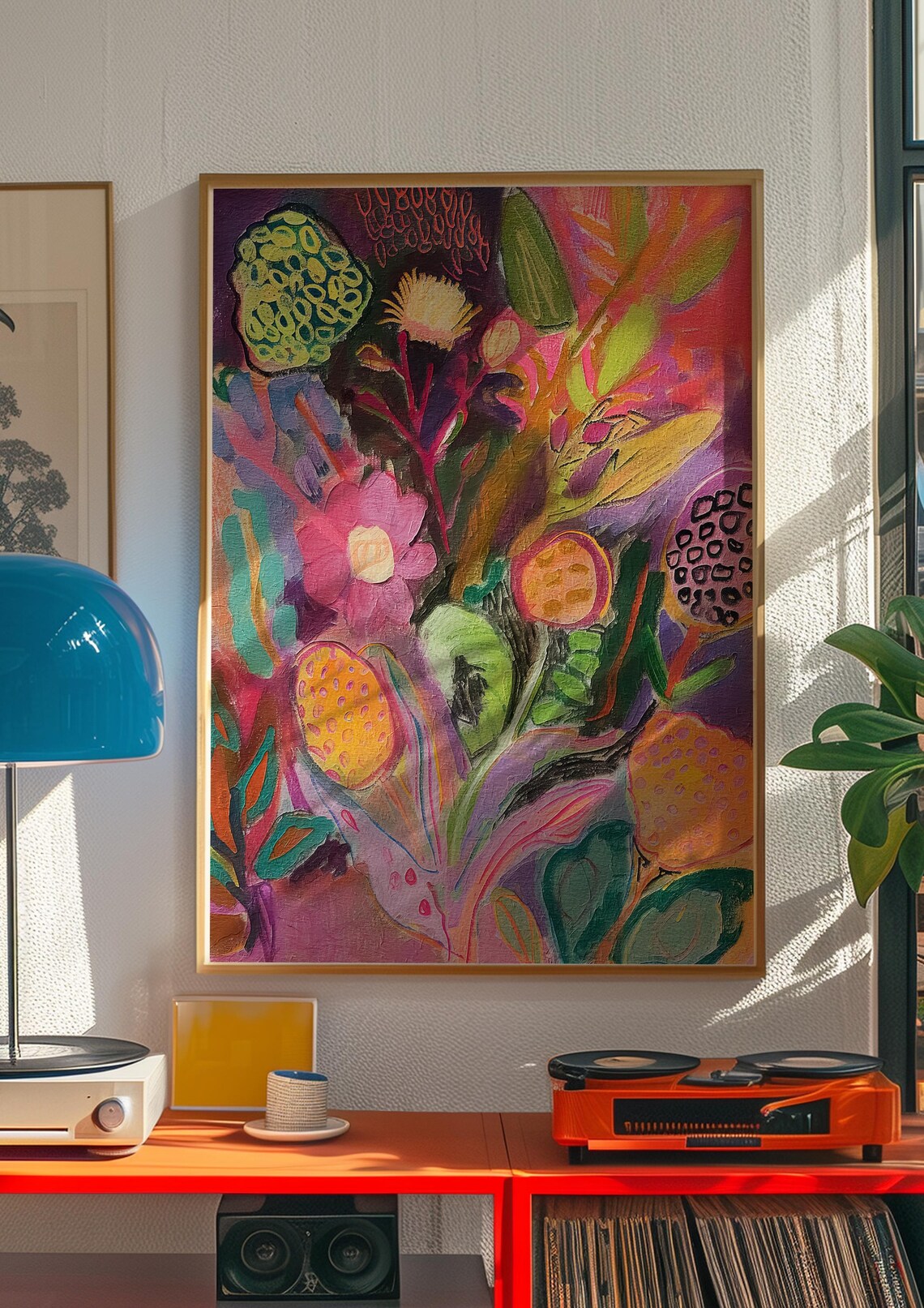 Moody Abstract Floral Painting Poster in Deep Plum and Tangerine - Image 5