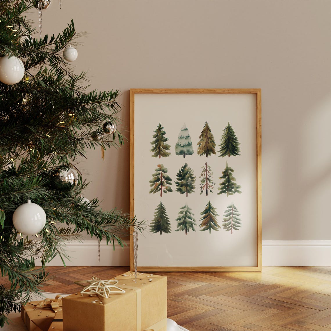 Minimalist Watercolor Pine Tree Grid Gold Frame Christmas Poster - Image 3