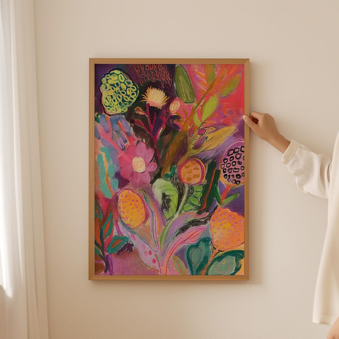 Moody Abstract Floral Painting Poster in Deep Plum and Tangerine - Image 4