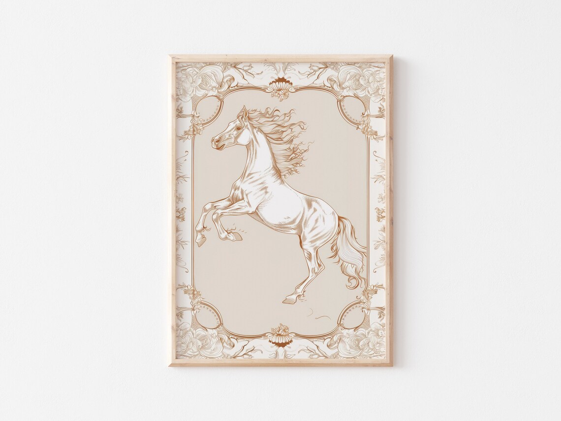 Vintage White Horse Line Art Poster with Ornate Equestrian Border - Image 3