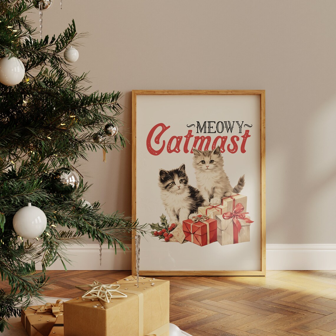 Meowy Catmas Vintage Kittens With Christmas Gifts Holiday Poster - Image 4
