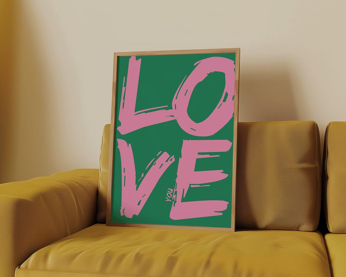 Oversized Love You Pink On Green Retro Brushstroke Typography Poster - Image 2