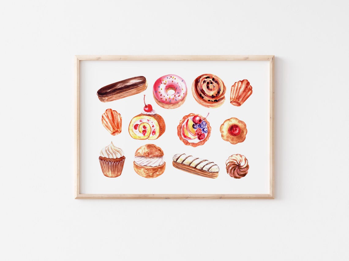 Watercolor French Pastries Donuts Eclairs Sweet Bakery Art Poster - Image 3