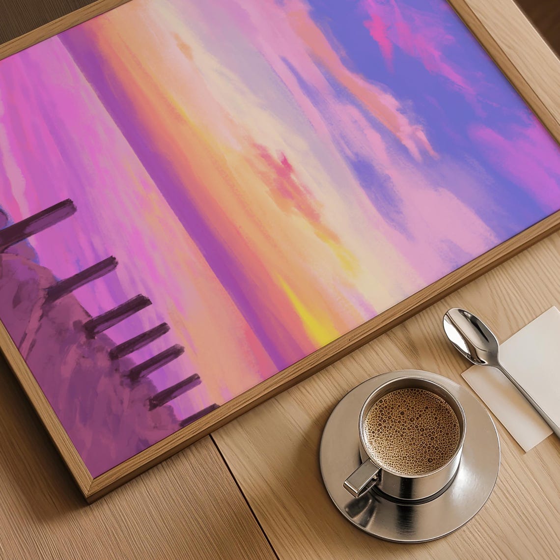Dreamy Pink Sunset Coastal Pier Painting Ocean View Art Poster - Image 2