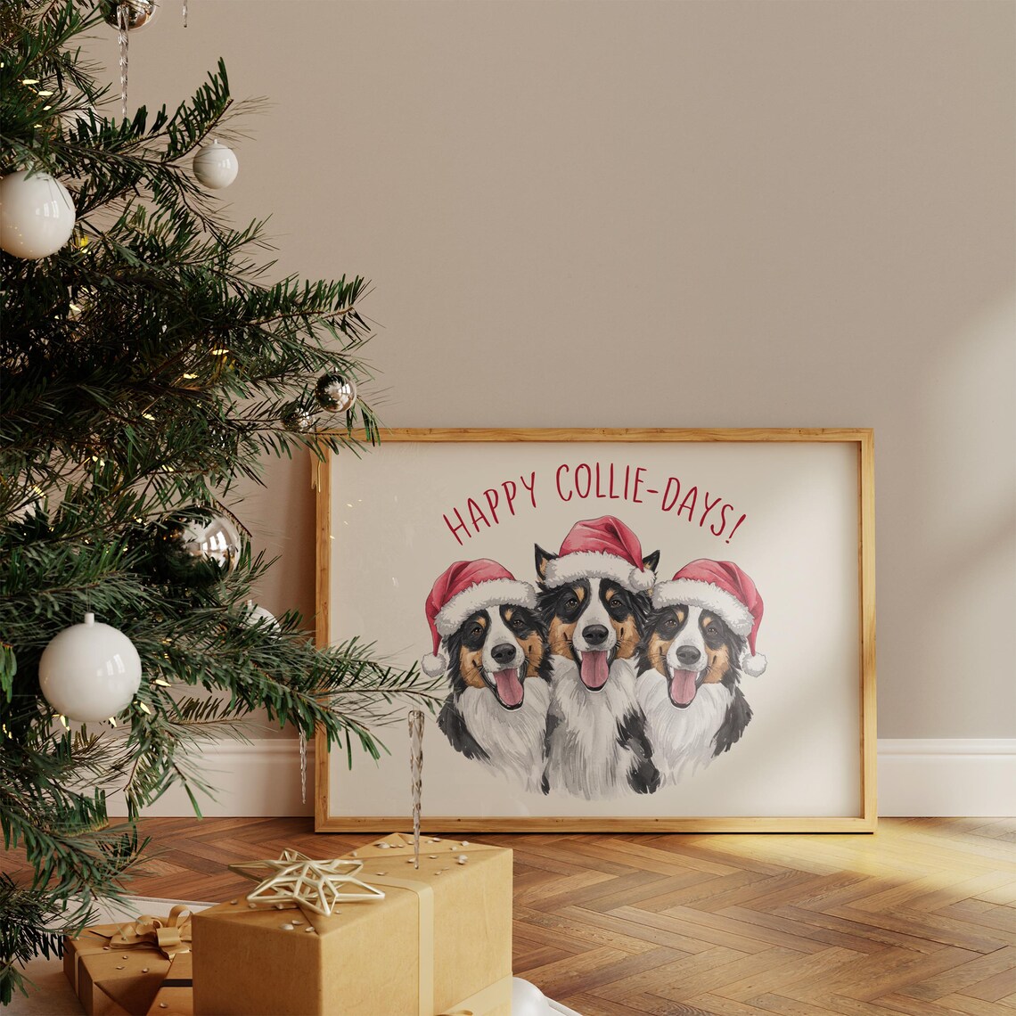 Happy Collie-Days Christmas Poster with Three Collies in Santa Hats - Image 4