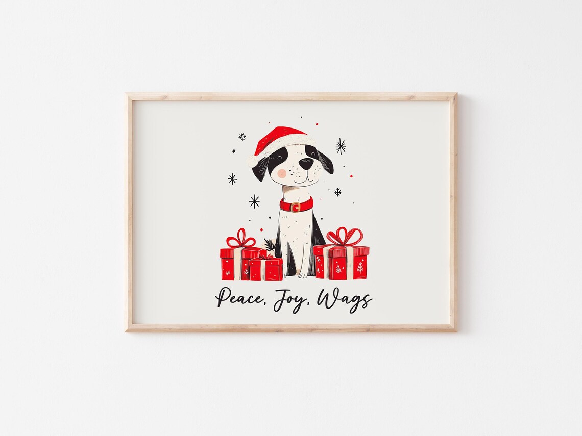 Peace Joy Wags Cozy Santa Hat Puppy Christmas Holiday Poster - Image 3