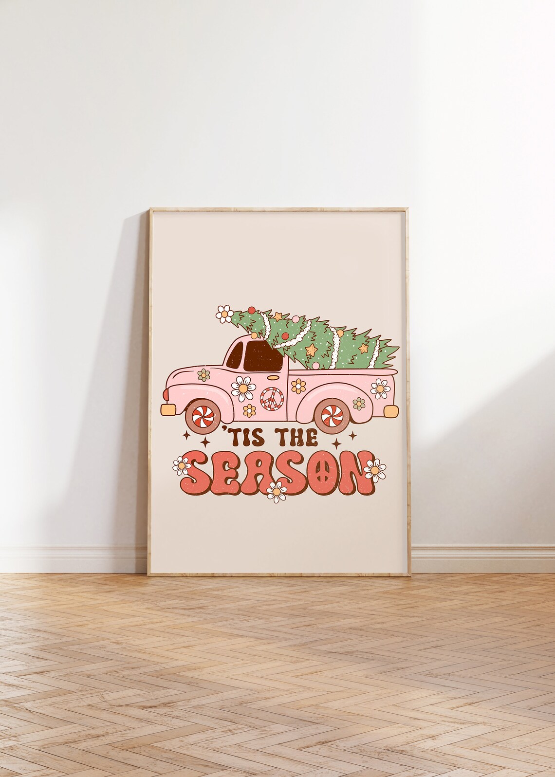 Tis the Season Pink Truck Groovy Retro Christmas Holiday Poster - Image 3