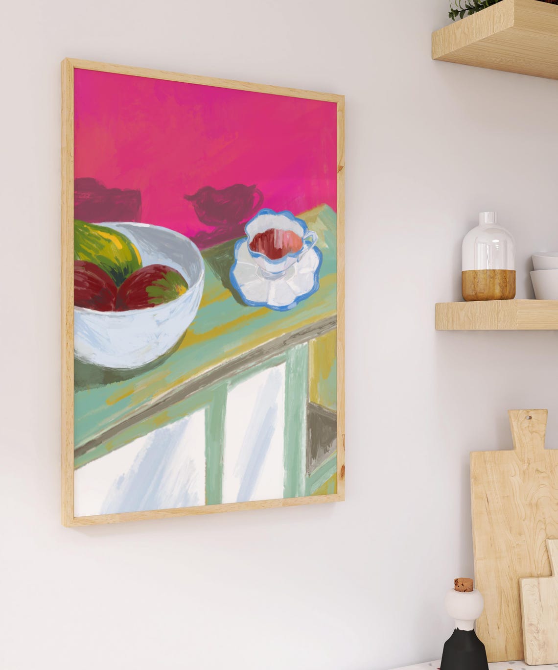 Still Life Fruit Bowl And Teacup Hot Pink Modern Kitchen Poster - Image 5