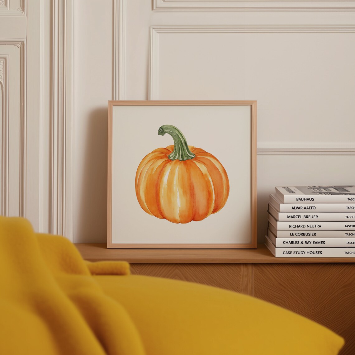 Round Watercolor Pumpkin With Curled Green Stem Fall Art Poster - Image 4
