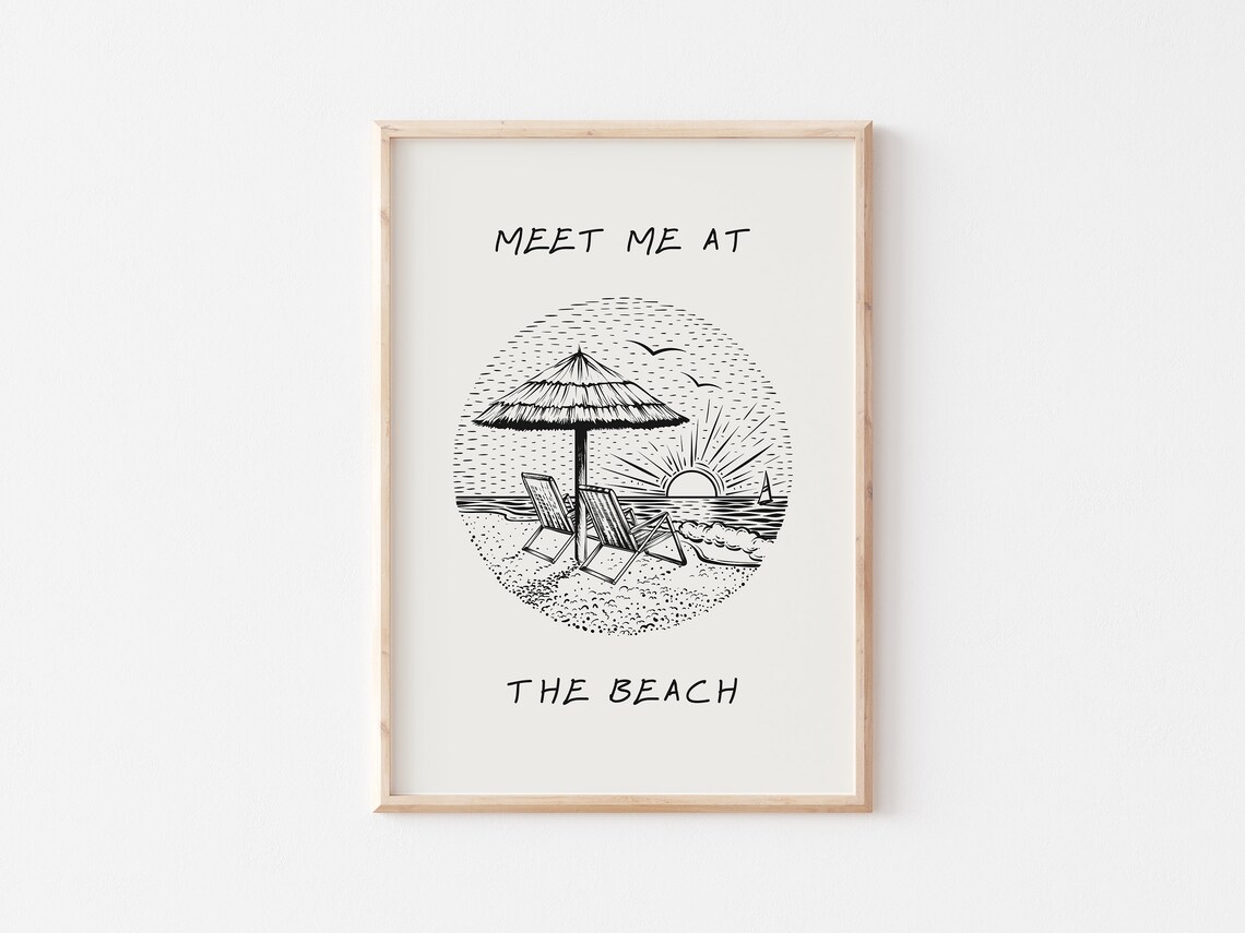 Meet Me At The Beach Vintage Line Art Beach Scene Quote Poster - Image 5