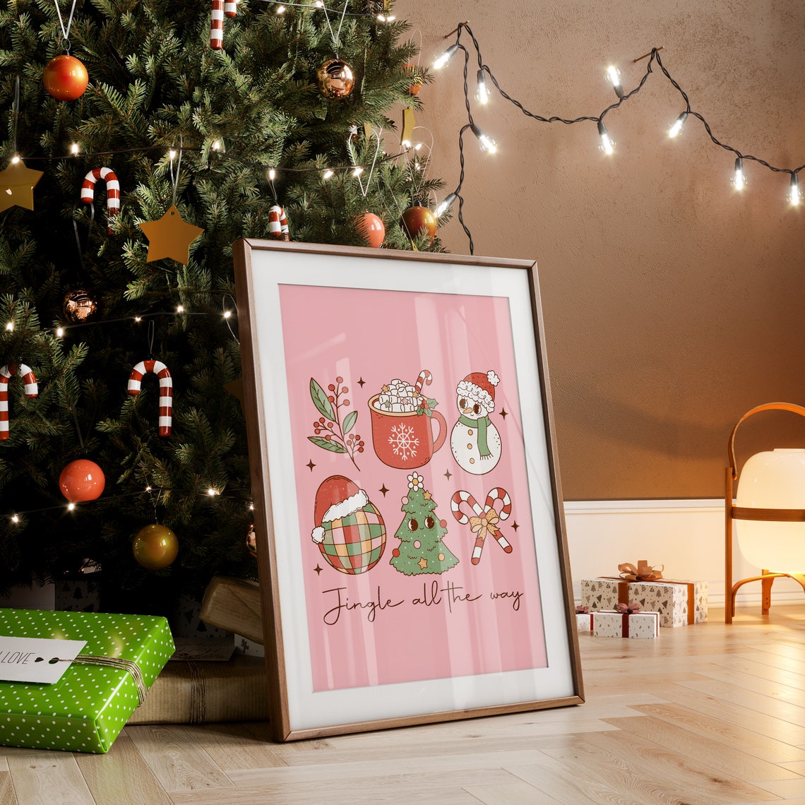 Jingle All The Way Pink Retro Cocoa Mug Snowman Disco Ball Print - Image 5