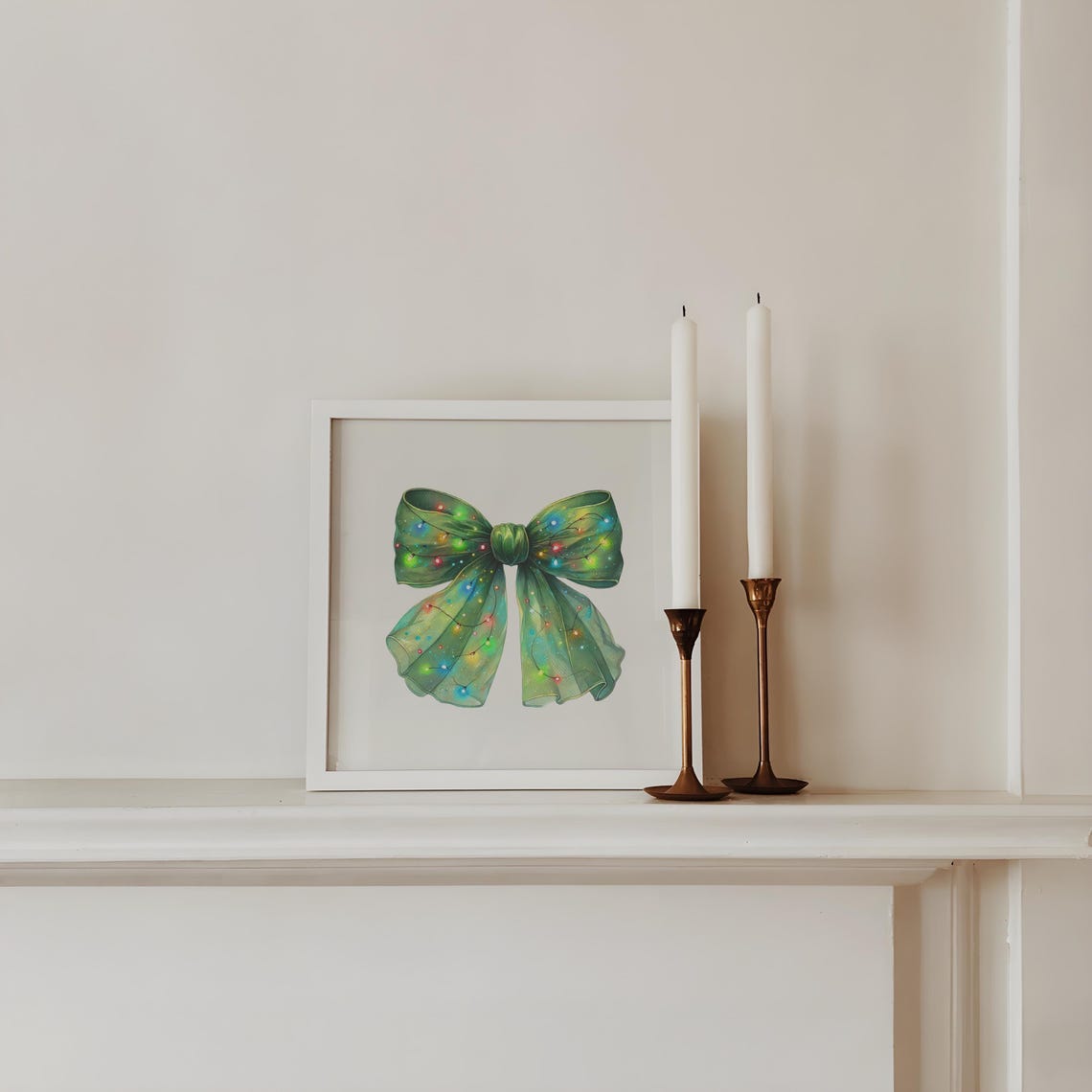 Green Ribbon Bow Wrapped in Christmas Lights Holiday Art Poster - Image 3