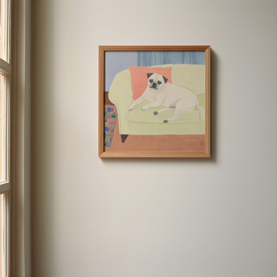 White Pug Lounging on Green Sofa Poster with Retro Illustration - Image 2