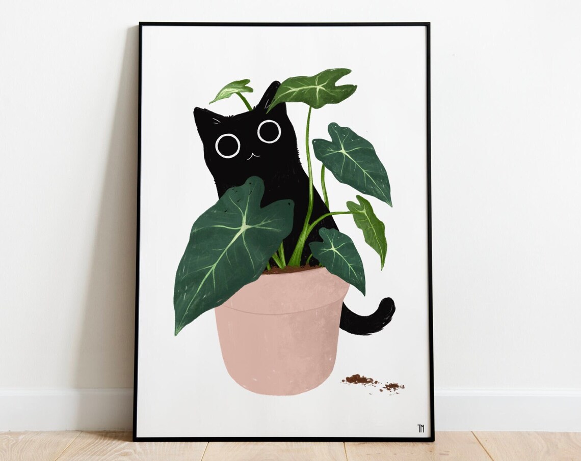 Black Cat Plant Art Print, Funny Cat Lover Decor - Image 3