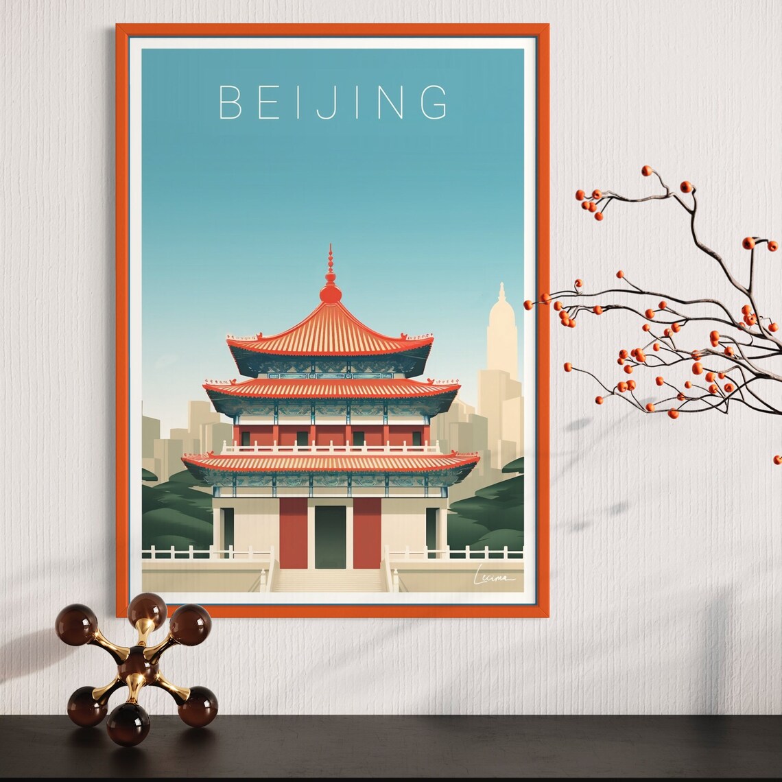 Beijing Imperial Red Pagoda China Temple Skyline Travel Poster