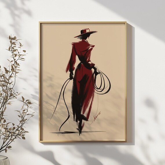 Red Cowgirl Fashion Illustration Lasso Editorial Western Art Poster