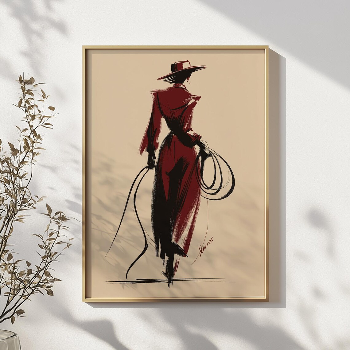 Red Cowgirl Fashion Illustration Lasso Editorial Western Art Poster
