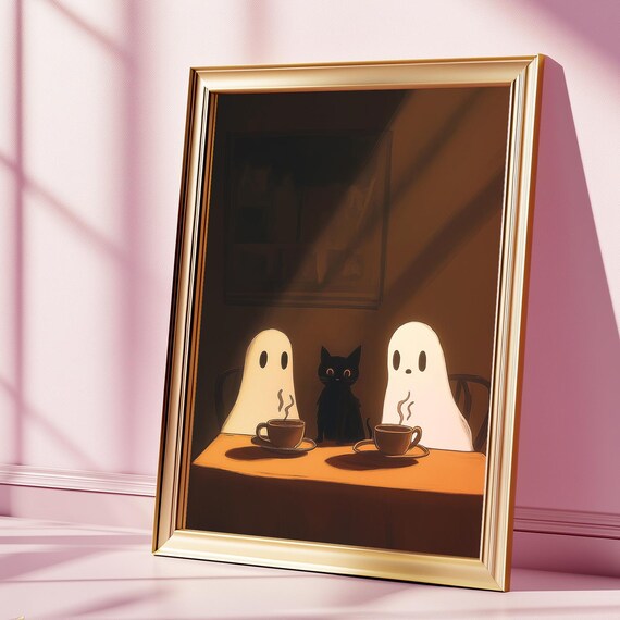 Two Cute Ghosts Having Coffee with Black Cat Cozy Halloween Night Poster