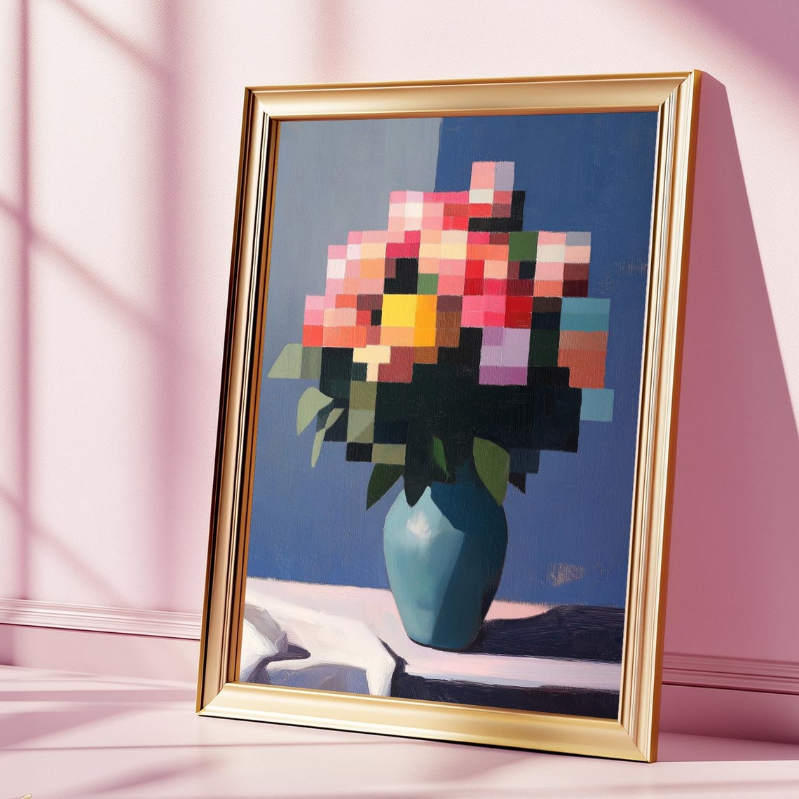 Pixelated Floral Still Life Retro Art Print