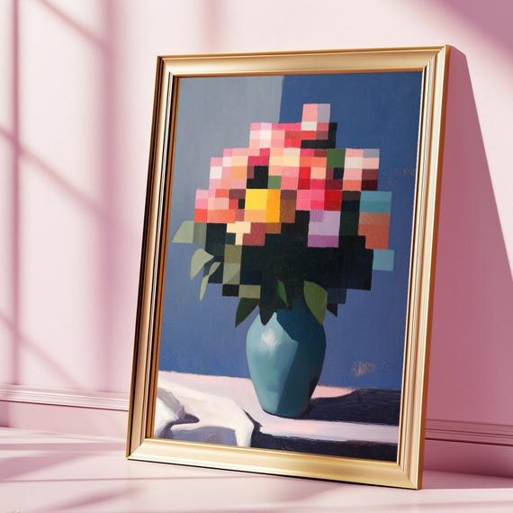 Pixelated Floral Still Life Retro Art Print