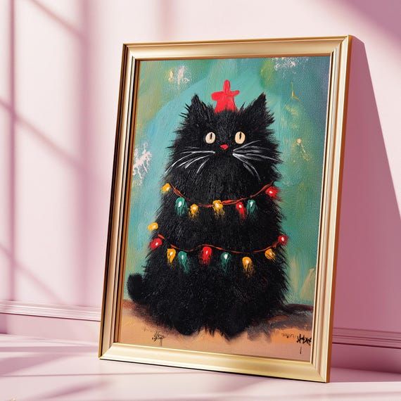 Christmas Tree Cat Wall Art Cute Holiday Print Festive Decor For Lovers Cozy Winter Home Decoration Gift