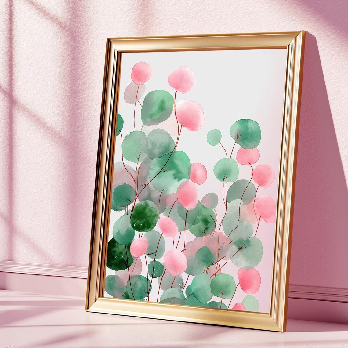 Pink and Green Watercolor Eucalyptus Minimalist Botanical Poster