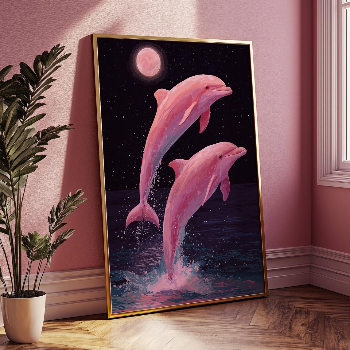 Mystical Pink Dolphins Under Moonlight Dolphin Poster Pinky Animal View Print Art Instant Ocean Wall Decor