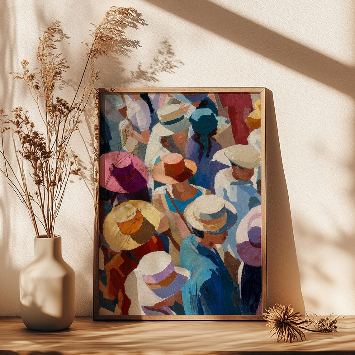 Colorful Crowd of People in Summer Hats Impressionist Painting Poster