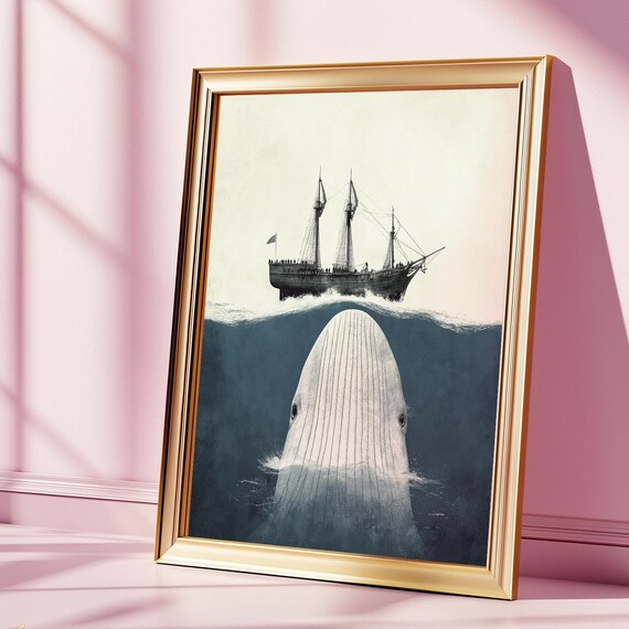 Moby Dick Inspired Whale Poster Vintage Nautical Wall Art With Sailing Ship And Giant White Literary Ocean Print For Book Lovers
