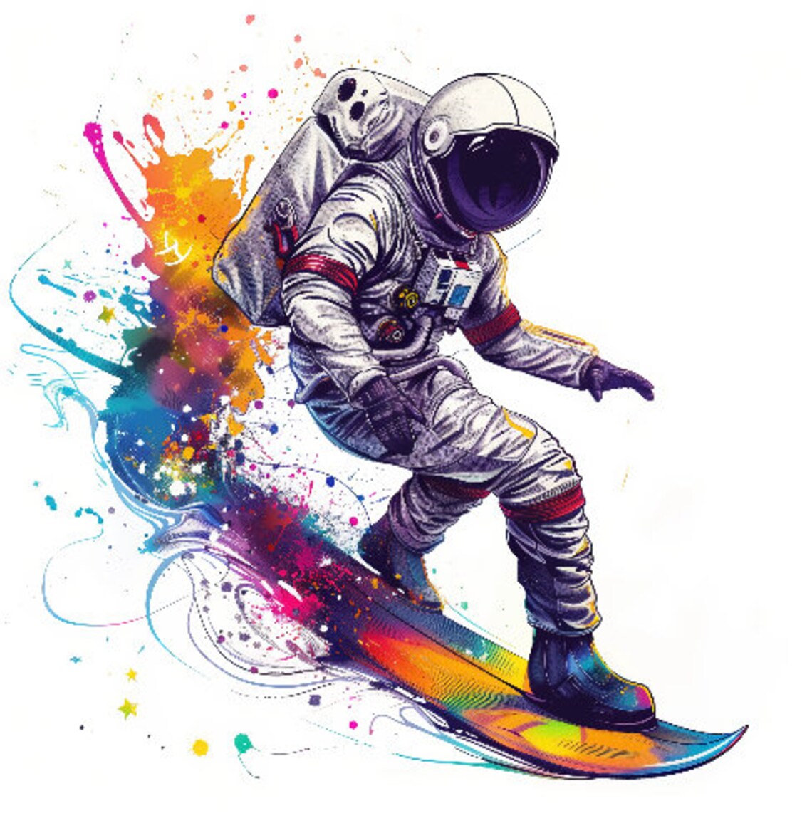 Astronaut Surfing Rainbow Wave Watercolor Space Suit Ocean Art Poster - Image 2