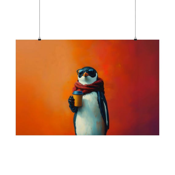 Hipster Penguin Coffee Maximalist Eclectic Victorian Poster Print Bold Altered Party Animal Portrait Fantasy Colorful Renaissance Rustic