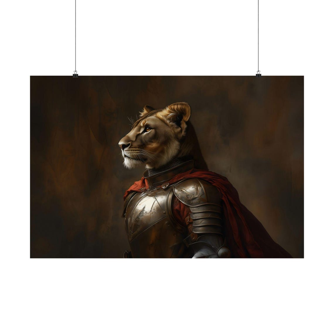 Lioness Knight In Steel Armor With Red Cape Medieval Portrait Poster - Image 3