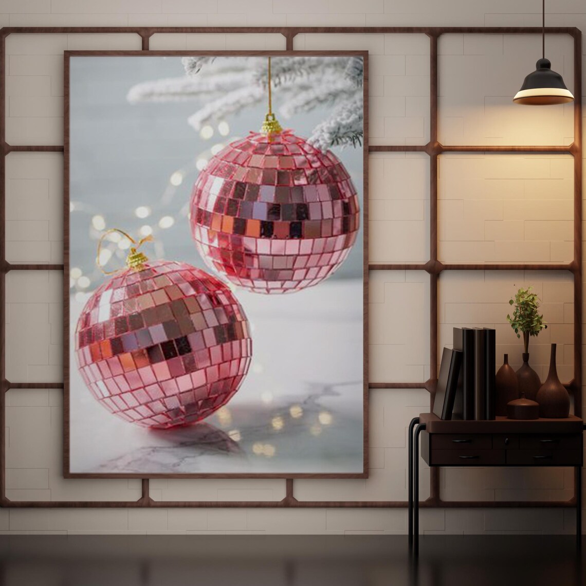 Pink Disco Ball Baubles Hanging with Fairy Lights Party Room Poster
