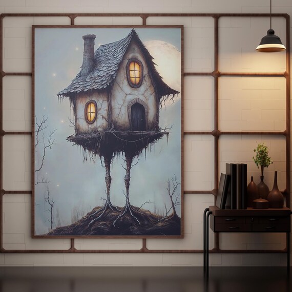 Baba Yaga Chicken Legged Hut Under a Full Moon Gothic Fantasy Poster