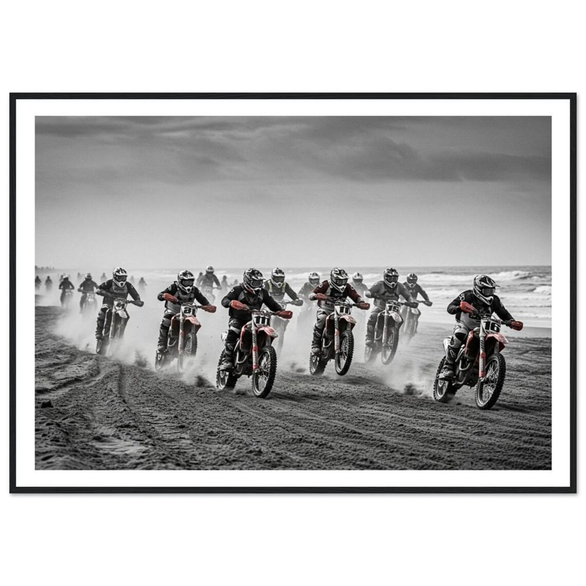 Motorcycle Race Print, Black And White Beach Adventure