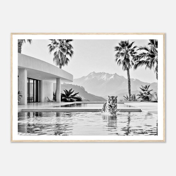 Fine Art Luxury Tiger Poolside Print Black And White Framed Photography In Modern Villa Pool Surreal Wall Decor