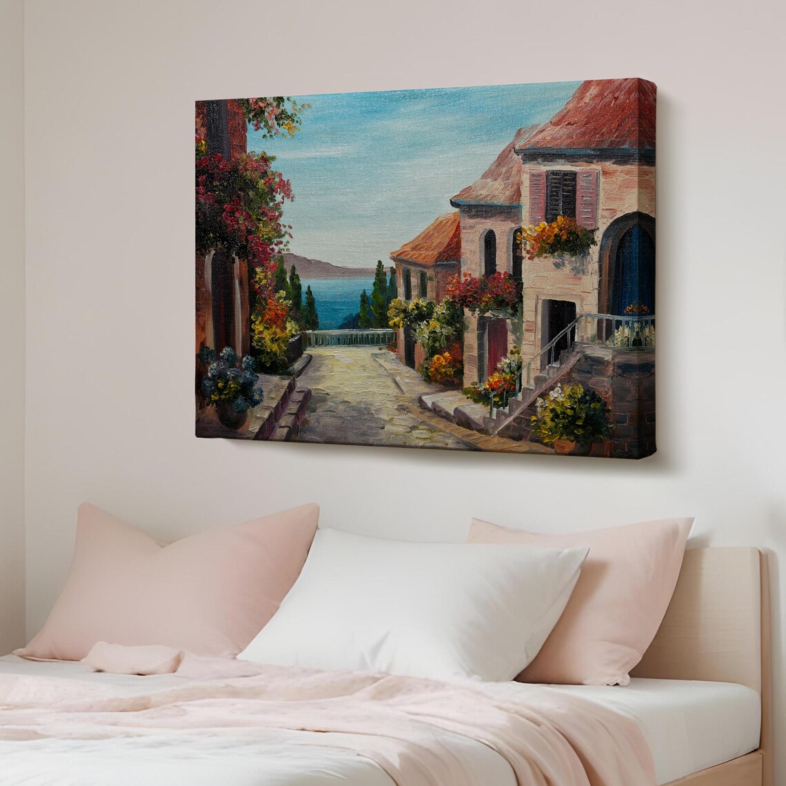 Mediterranean Village Street Sea View Flowers Old Town Painting Poster