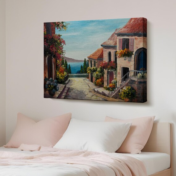Mediterranean Village Street Sea View Flowers Old Town Painting Poster