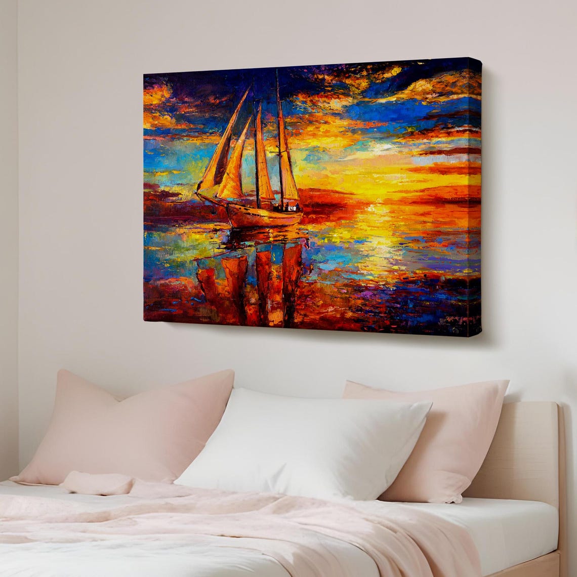 Tall Sailboat Fiery Sunset Golden Reflection Oil Painting Ocean Poster