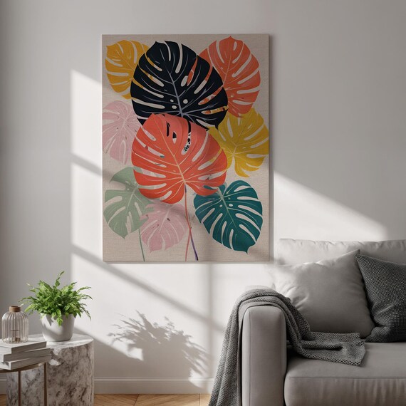 Colorful Monstera Leaves Tropical Botanical Pattern Art Poster