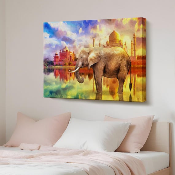 Elephant And Taj Mahal Landscape Oil Painting Look Decorative Canvas Wall Art Large Housewarming Gifts Framed